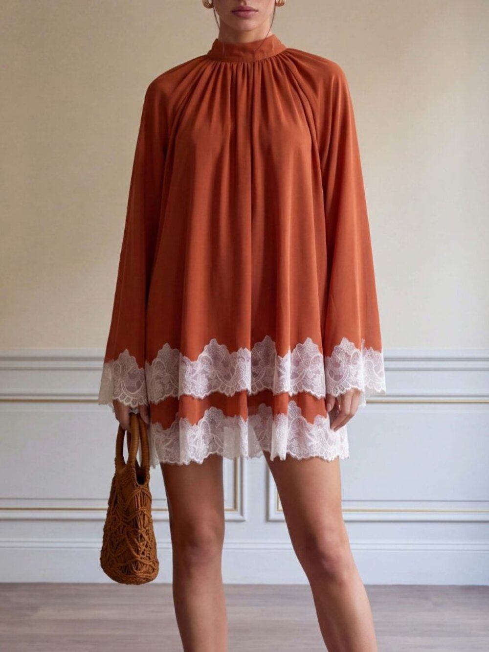 Brown Elegant Women's Loose A-Line Chiffon Mini Dress